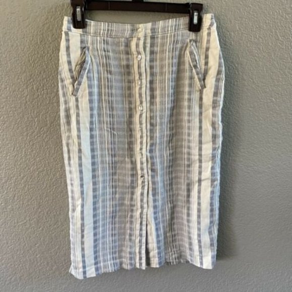 Abercrombie & Fitch Button Down Midi Pencil Skirt Cream Blue Striped linen - Picture 1 of 10